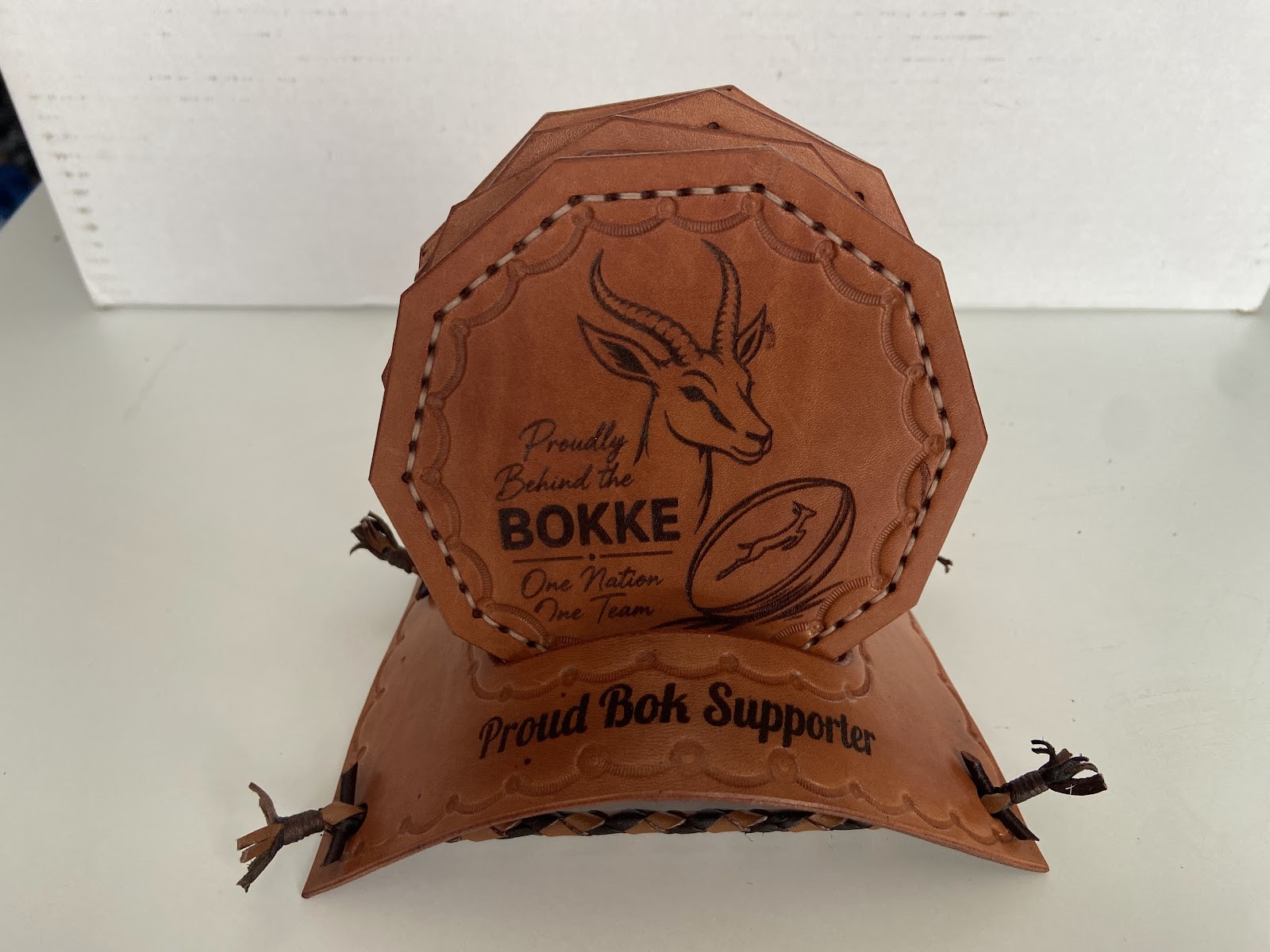Tan Springbok-Inspired Leather Display & Stand — photo 1