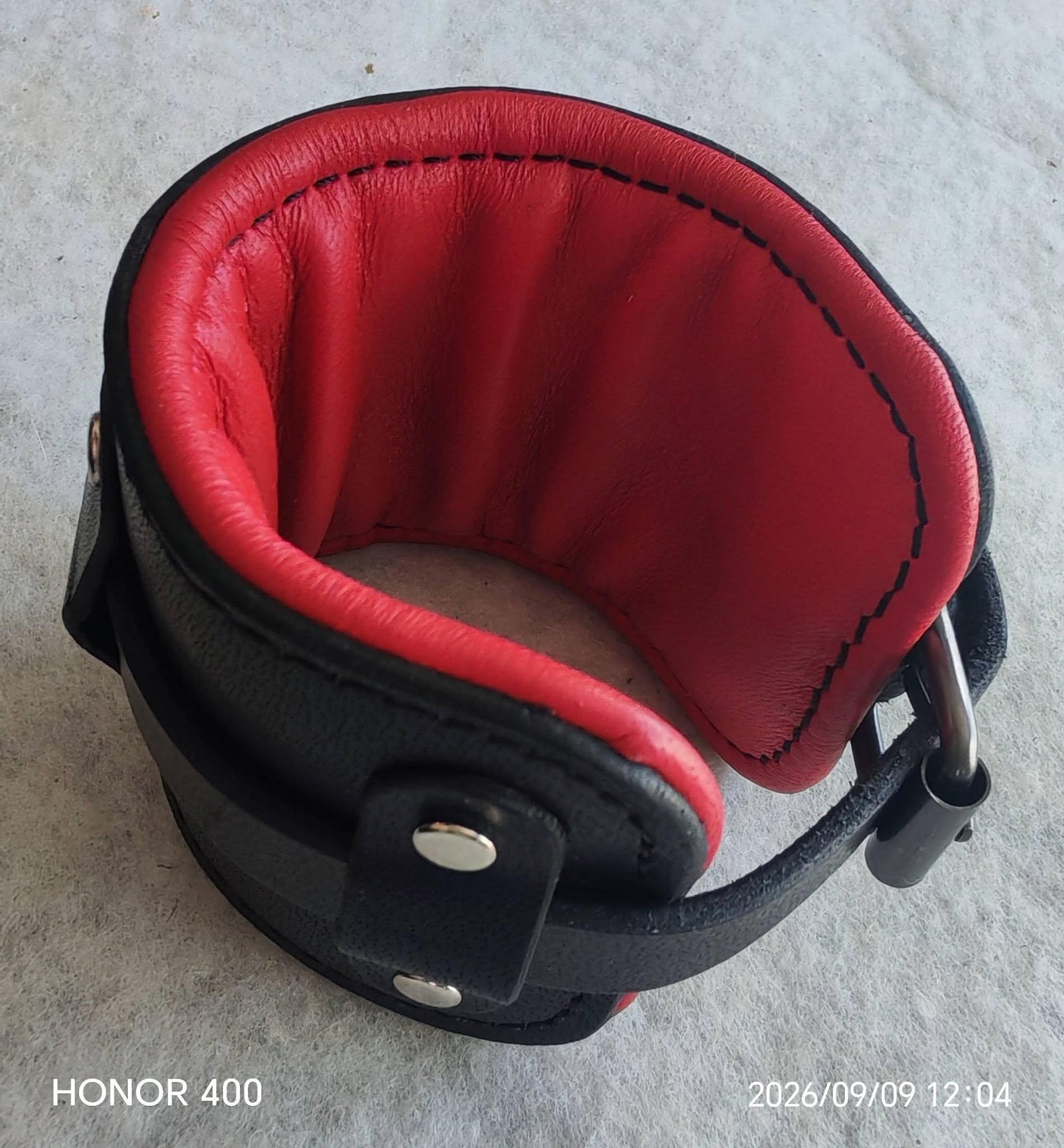 Black leather intimate accessory with red padding and buckle straps