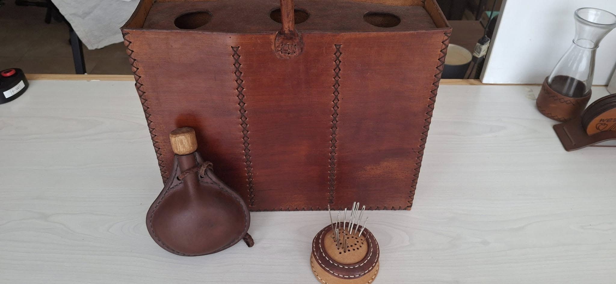 Brown leather briefcase with a cut-out handle